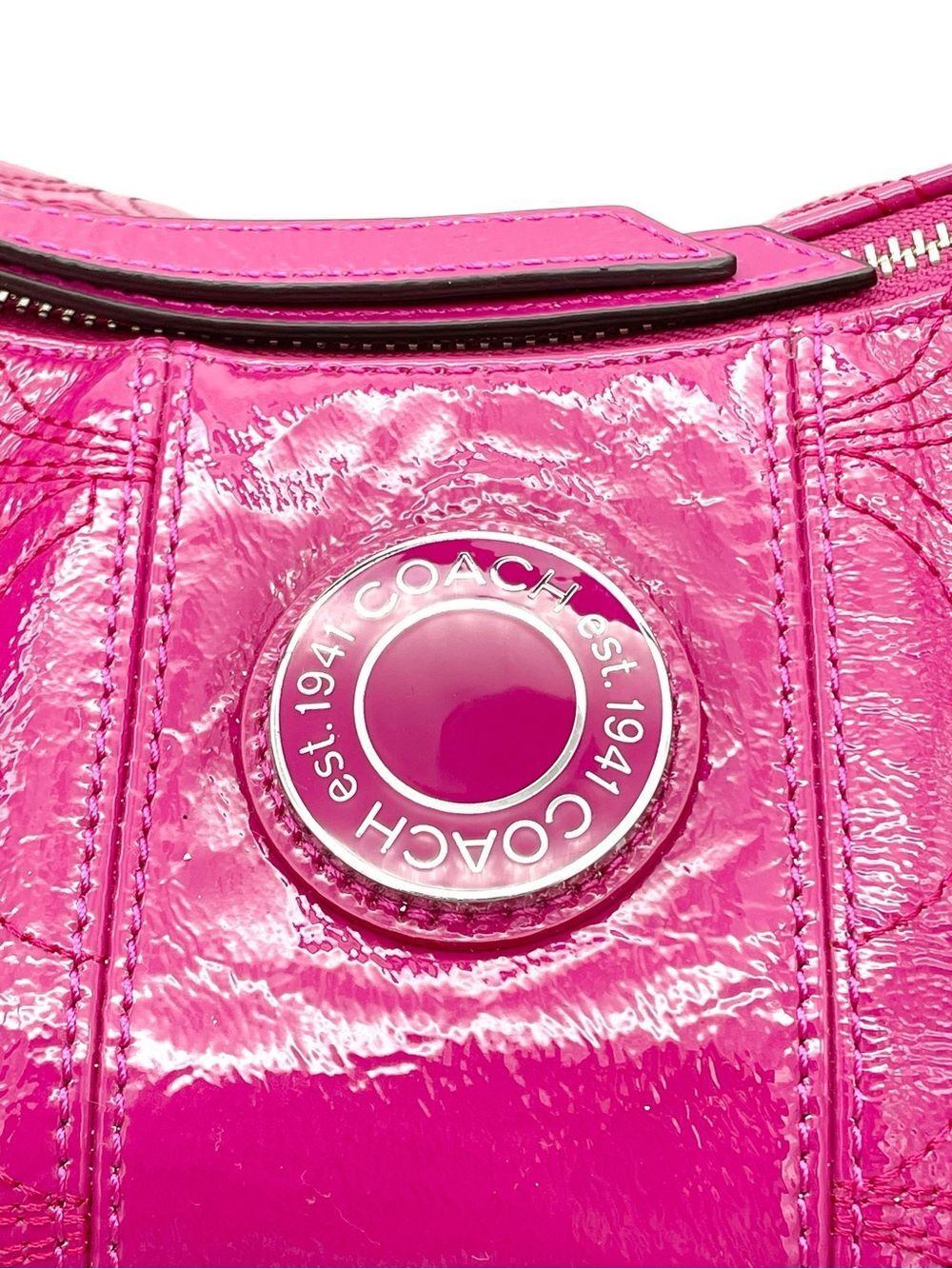 Coach F19282 1941 C Stitch Patent Leather Hobo Shoulder Bag Magenta Pink Purse - Picture 8 of 15